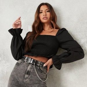 MISSGUIDED Black Shirred Balloon Sleeve Top